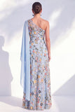 Vestido azul A-Line de um ombro floral longo de mãe da noiva com capa lateral