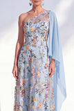 Vestido azul A-Line de um ombro floral longo de mãe da noiva com capa lateral