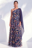Vestido azul A-Line de um ombro floral longo de mãe da noiva com capa lateral