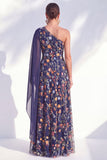 Vestido azul A-Line de um ombro floral longo de mãe da noiva com capa lateral