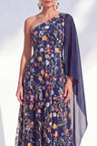 Vestido azul A-Line de um ombro floral longo de mãe da noiva com capa lateral