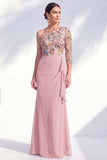 Cinzento-sereia, roxo, um ombro floral, vestido longo de mãe da noiva