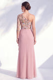 Cinzento-sereia, roxo, um ombro floral, vestido longo de mãe da noiva