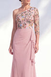 Cinzento-sereia, roxo, um ombro floral, vestido longo de mãe da noiva