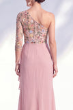 Cinzento-sereia, roxo, um ombro floral, vestido longo de mãe da noiva