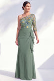 Cinzento-sereia, roxo, um ombro floral, vestido longo de mãe da noiva