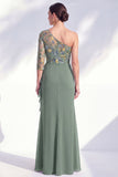Cinzento-sereia, roxo, um ombro floral, vestido longo de mãe da noiva