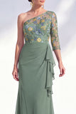 Cinzento-sereia, roxo, um ombro floral, vestido longo de mãe da noiva