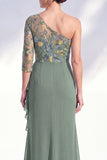 Cinzento-sereia, roxo, um ombro floral, vestido longo de mãe da noiva