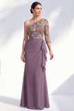 Cinzento-sereia, roxo, um ombro floral, vestido longo de mãe da noiva
