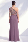 Cinzento-sereia, roxo, um ombro floral, vestido longo de mãe da noiva