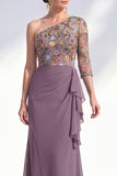 Cinzento-sereia, roxo, um ombro floral, vestido longo de mãe da noiva