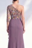 Cinzento-sereia, roxo, um ombro floral, vestido longo de mãe da noiva