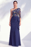 Cinzento-sereia, roxo, um ombro floral, vestido longo de mãe da noiva