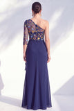 Cinzento-sereia, roxo, um ombro floral, vestido longo de mãe da noiva