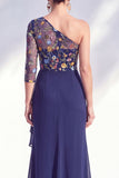 Cinzento-sereia, roxo, um ombro floral, vestido longo de mãe da noiva