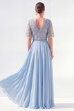 Vestido de Mãe da Noiva Verde Verde em V, Flor de Chiffon em V, com bordas de missangas