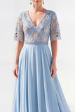 Vestido de Mãe da Noiva Verde Verde em V, Flor de Chiffon em V, com bordas de missangas