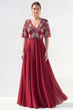 Vestido de Mãe da Noiva Verde Verde em V, Flor de Chiffon em V, com bordas de missangas