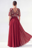 Vestido de Mãe da Noiva Verde Verde em V, Flor de Chiffon em V, com bordas de missangas