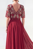 Vestido de Mãe da Noiva Verde Verde em V, Flor de Chiffon em V, com bordas de missangas