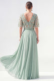 Vestido de Mãe da Noiva Verde Verde em V, Flor de Chiffon em V, com bordas de missangas