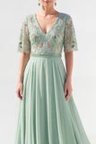 Vestido de Mãe da Noiva Verde Verde em V, Flor de Chiffon em V, com bordas de missangas
