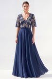 Vestido de Mãe da Noiva Verde Verde em V, Flor de Chiffon em V, com bordas de missangas