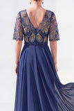 Vestido de Mãe da Noiva Verde Verde em V, Flor de Chiffon em V, com bordas de missangas
