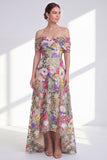 A-Line Camisa Cáqui Claro Ombro Alto Alto Baixo Vestido Mãe da Noiva