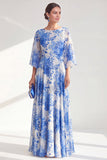 Vestido longo de mãe da noiva, decote bateau em linha A, com decote em chiffon vermelho, com mangas 3/4