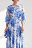 Vestido longo de mãe da noiva, decote bateau em linha A, com decote em chiffon vermelho, com mangas 3/4