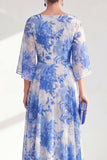 Vestido longo de mãe da noiva, decote bateau em linha A, com decote em chiffon vermelho, com mangas 3/4