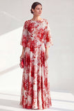 Vestido longo de mãe da noiva, decote bateau em linha A, com decote em chiffon vermelho, com mangas 3/4