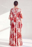 Vestido longo de mãe da noiva, decote bateau em linha A, com decote em chiffon vermelho, com mangas 3/4