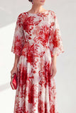 Vestido longo de mãe da noiva, decote bateau em linha A, com decote em chiffon vermelho, com mangas 3/4