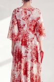Vestido longo de mãe da noiva, decote bateau em linha A, com decote em chiffon vermelho, com mangas 3/4