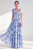 Vestido de Mãe da Noiva Longo de Chiffon Azul em V, decote em V