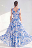 Vestido de Mãe da Noiva Longo de Chiffon Azul em V, decote em V