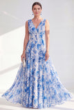 Vestido de Mãe da Noiva Longo de Chiffon Azul em V, decote em V