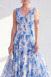 Vestido de Mãe da Noiva Longo de Chiffon Azul em V, decote em V