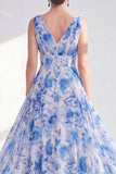 Vestido de Mãe da Noiva Longo de Chiffon Azul em V, decote em V