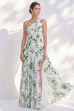 Vestido de Mãe da Noiva Verde Verde Linha em A, Longo de Chiffon, Um Ombro e Fenda