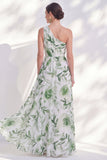 Vestido de Mãe da Noiva Verde Verde Linha em A, Longo de Chiffon, Um Ombro e Fenda