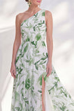 Vestido de Mãe da Noiva Verde Verde Linha em A, Longo de Chiffon, Um Ombro e Fenda