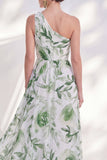 Vestido de Mãe da Noiva Verde Verde Linha em A, Longo de Chiffon, Um Ombro e Fenda