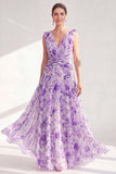 Vestido de Mãe da Noiva, roxo roxo com decote em V, floral em chiffon e franzido longo
