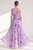 Vestido de Mãe da Noiva, roxo roxo com decote em V, floral em chiffon e franzido longo