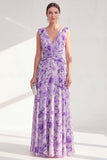 Vestido de Mãe da Noiva, roxo roxo com decote em V, floral em chiffon e franzido longo