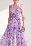 Vestido de Mãe da Noiva, roxo roxo com decote em V, floral em chiffon e franzido longo